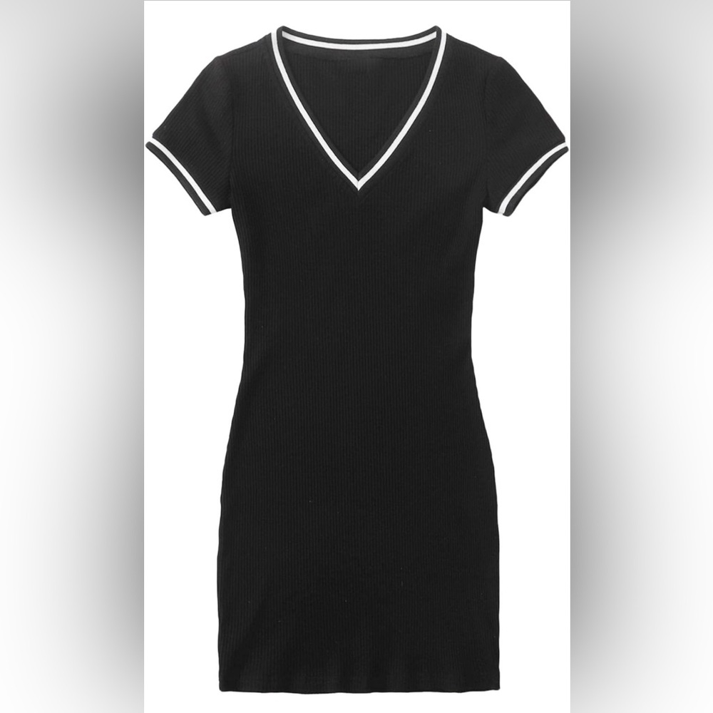Black V-Neck Ribbed Dress